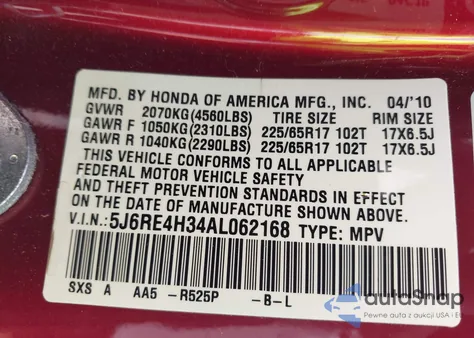 2010 Honda Cr-V Lx from USA, damaged, VIN 5J6RE4H34AL062168